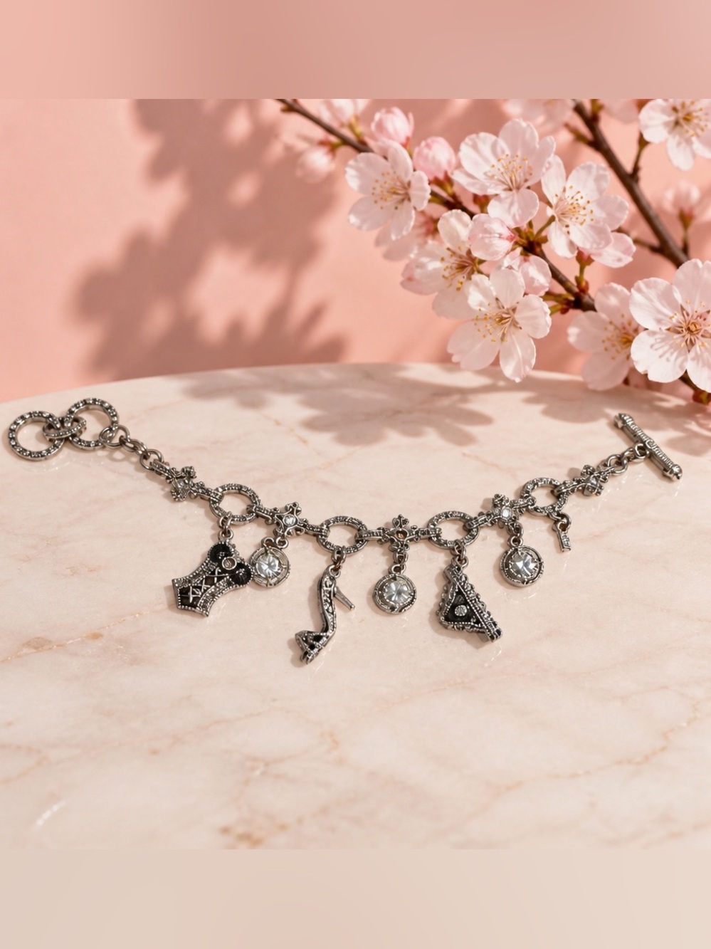 Vintage Silver tone Charm bracelet with Crystal Accents